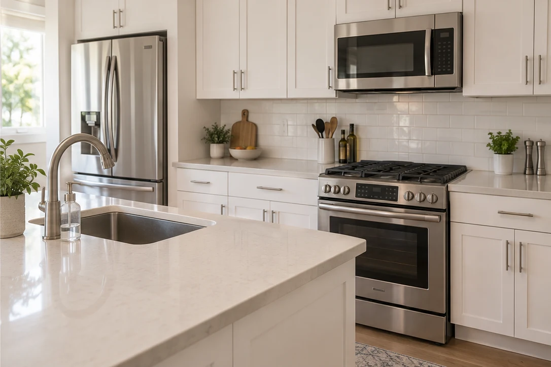 The same illustrative kitchen after cleaning, with clear counters and a clean stovetop