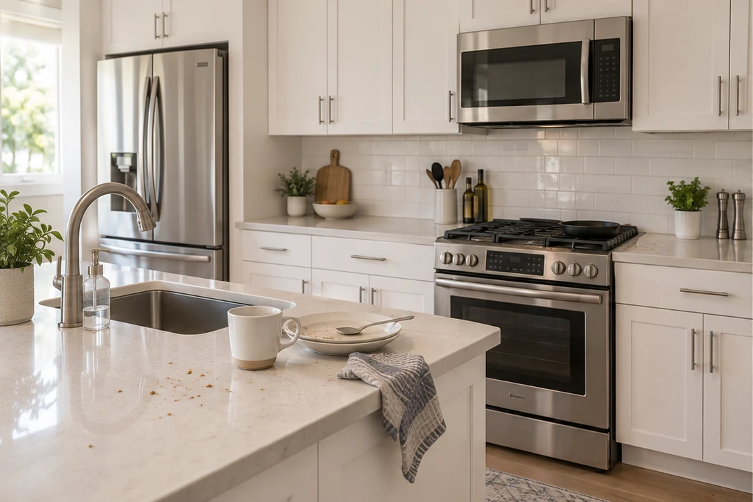 Illustrative American kitchen before cleaning, with crumbs and used dishes on the counter